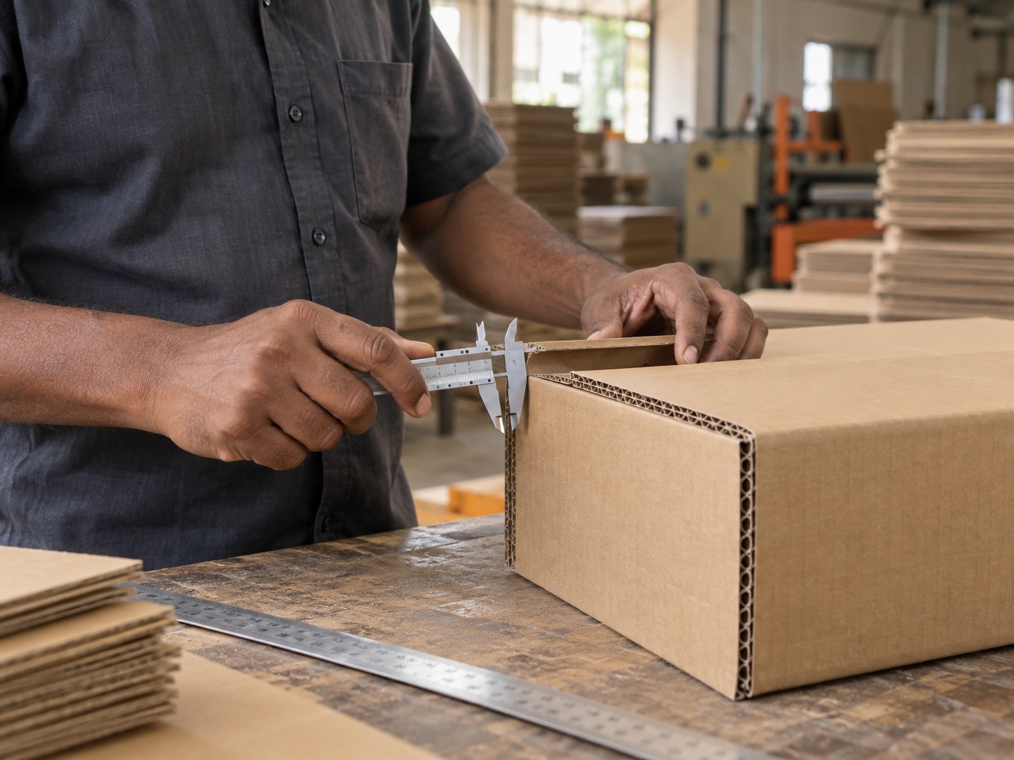 A technician measuring the corrugated edge of a carton